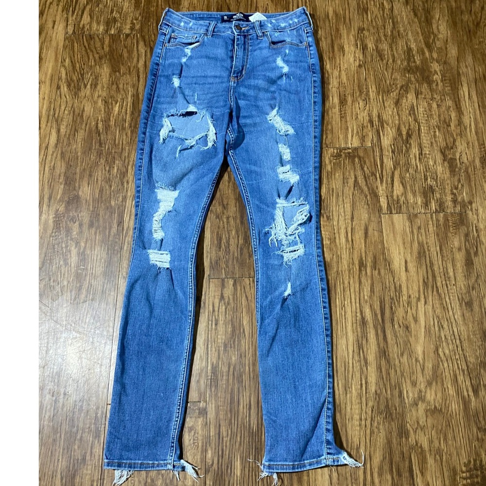 Hollister Super Skinny Jeans Women 7R Blue High Rise Distressed Ripped Raw Hem